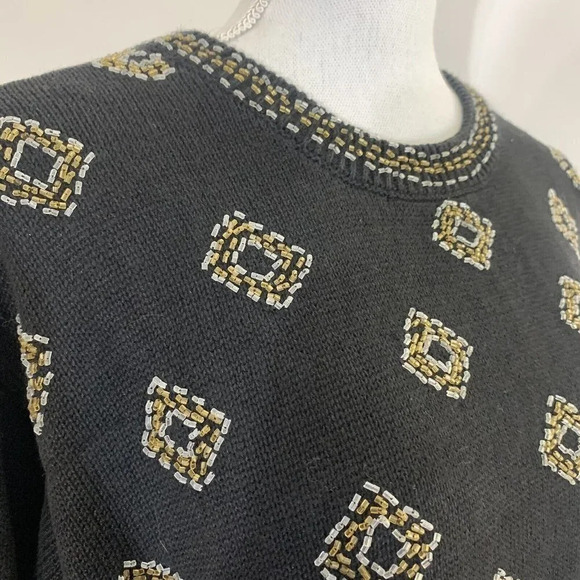 Victoria Women Beaded Sweater 1XL Gold Diamond Shape Embellishments - Picture 5 of 6